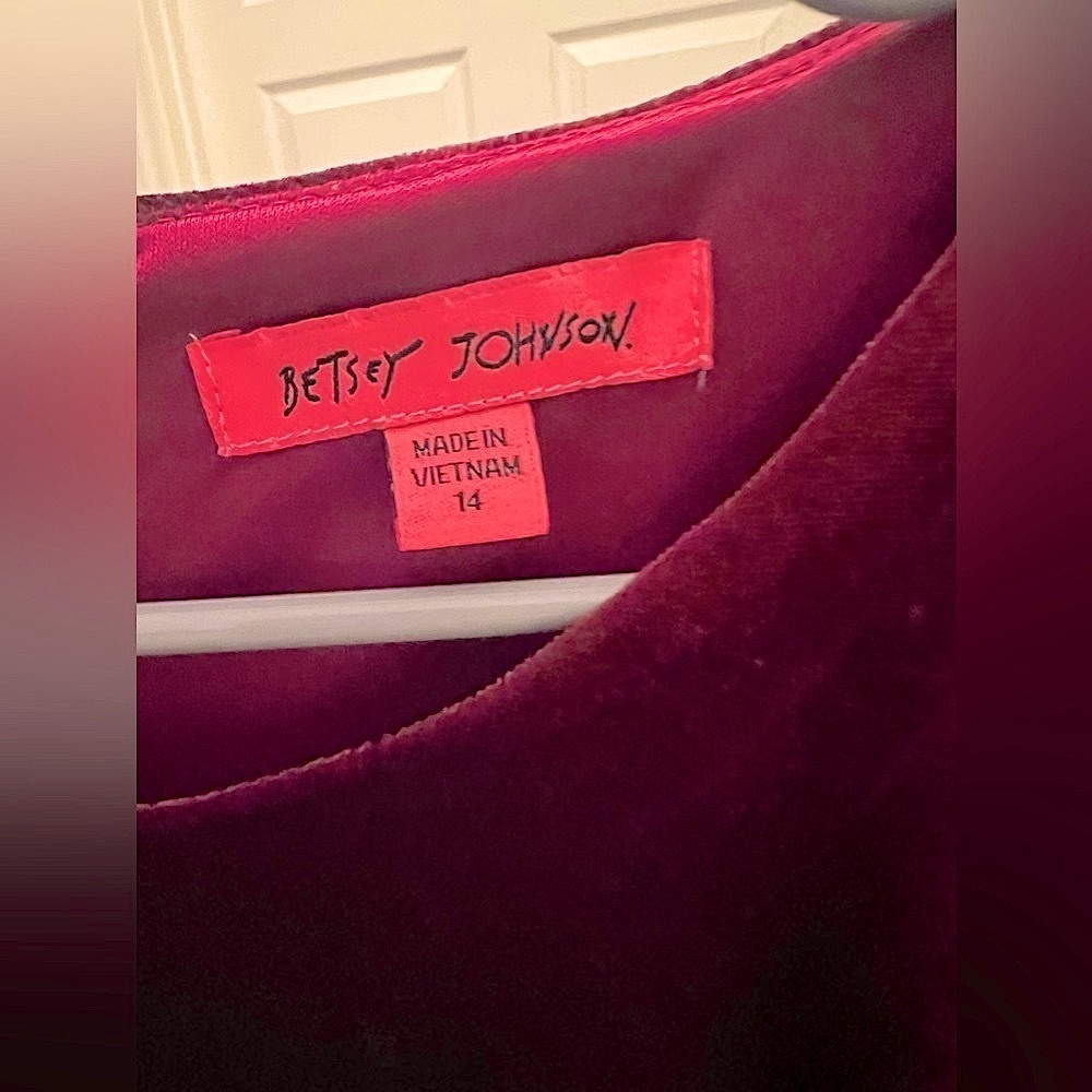 Betsey Johnson Velour Long Sleeve A Line Dark Red Fuchsia Formal Dress Size 14 - Picture 3 of 3